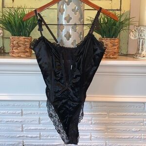Emil Bole Vintage Black Satin and Lace Plunging Bust High Cut Sexy Teddy Large